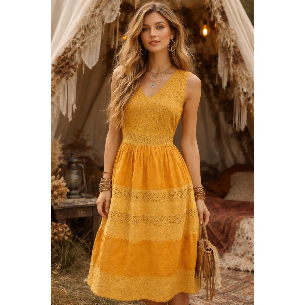 Backwoods Eyelet Boho Midi Dress Size M Mustard Yellow Lined Cotton‎ Sleeveless